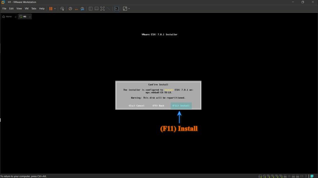 نهایی کردن مراحل نصب esxi